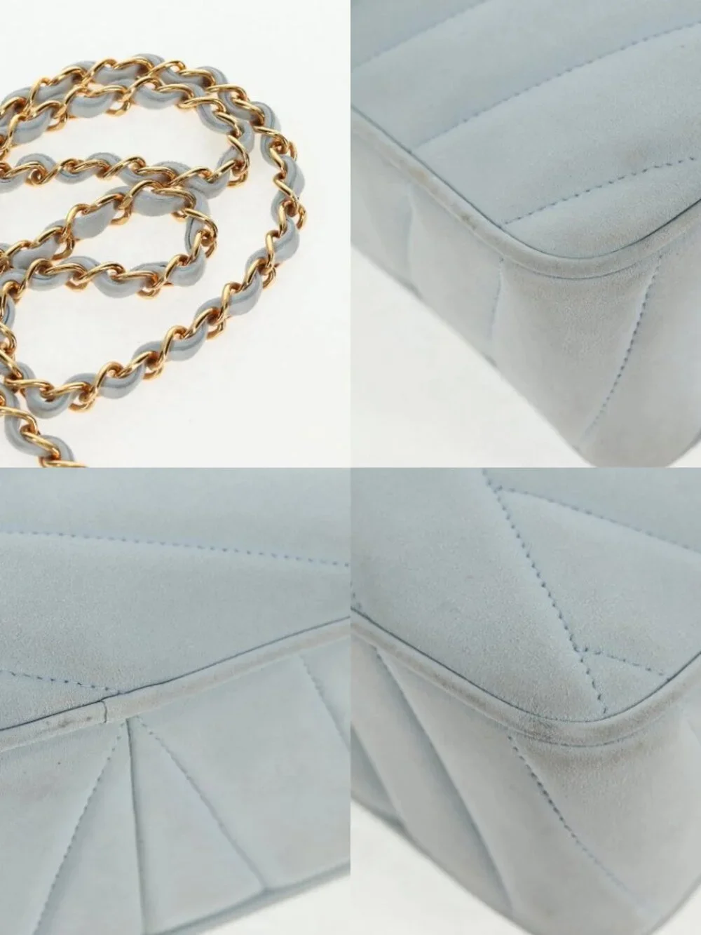 CHANEL Bias Stitch Chain Shoulder Bag Suede Light Blue Gold CC Auth 139935V